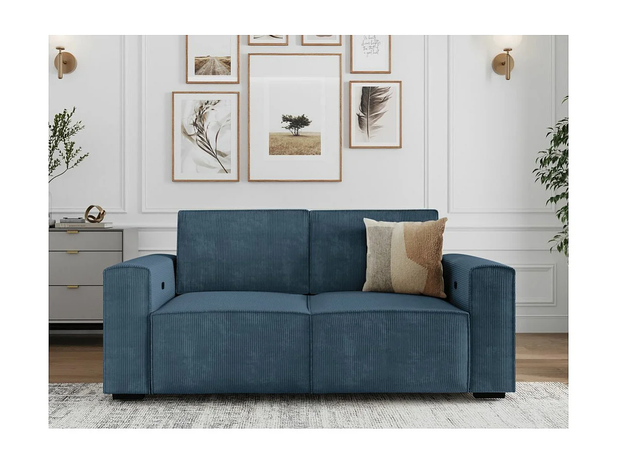 Canapé de relaxation électrique Charline 3 places en velours côtelé - Bleu foncé - L208 x P97 x H92cm - Loungitude