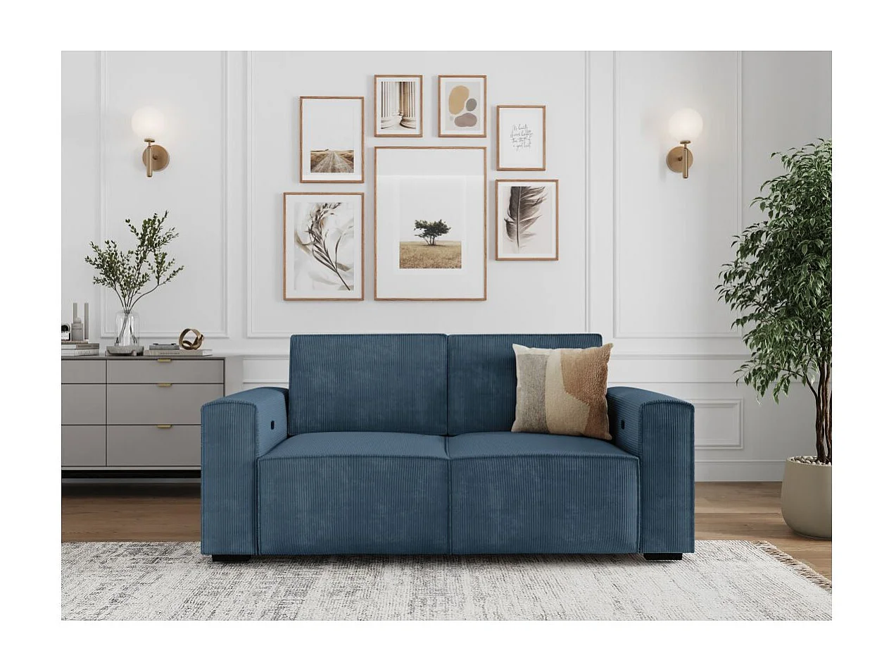 Canapé de relaxation électrique Charline 3 places en velours côtelé - Bleu foncé - L208 x P97 x H92cm - Loungitude