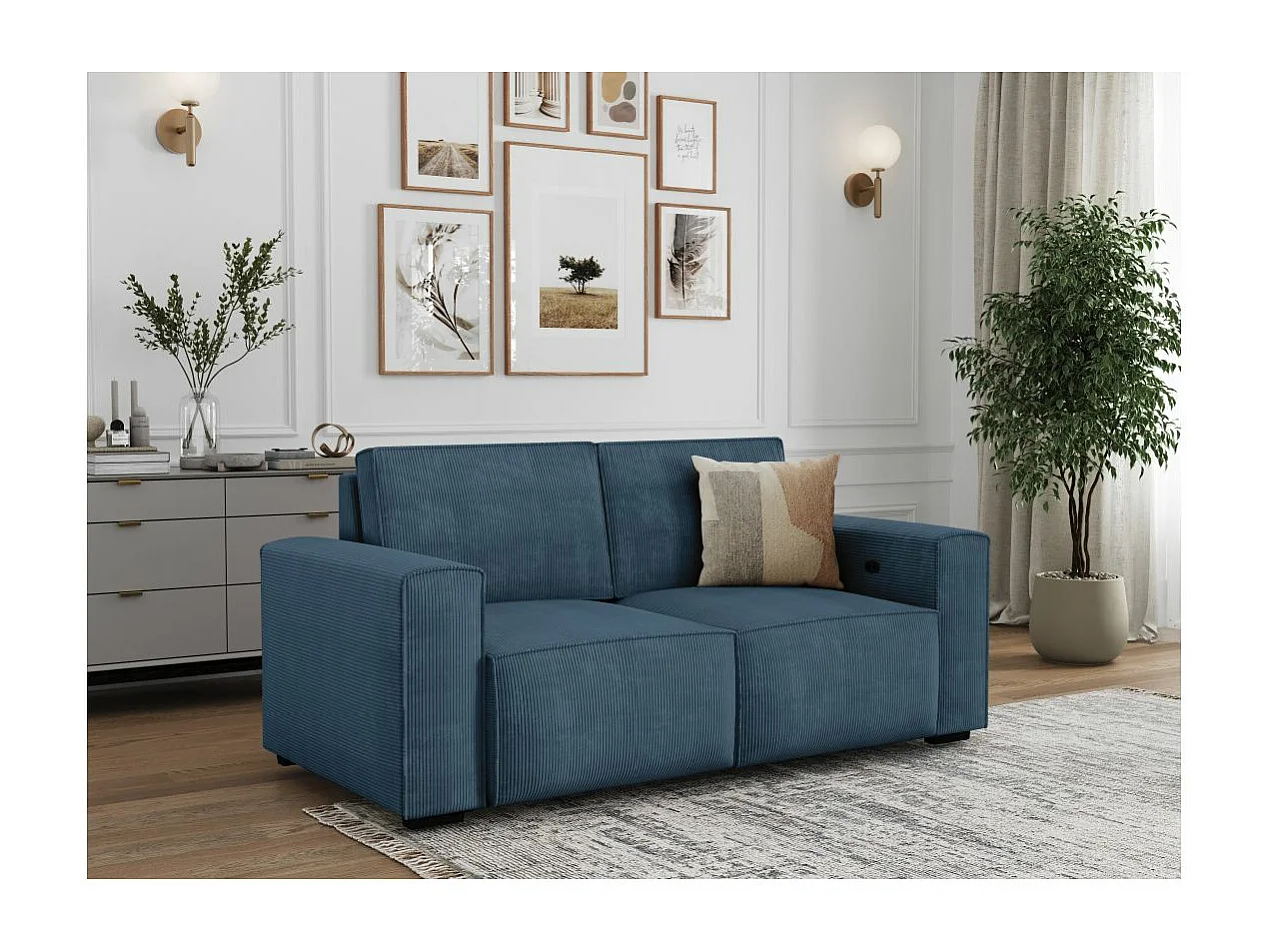 Canapé de relaxation électrique Charline 3 places en velours côtelé - Bleu foncé - L208 x P97 x H92cm - Loungitude