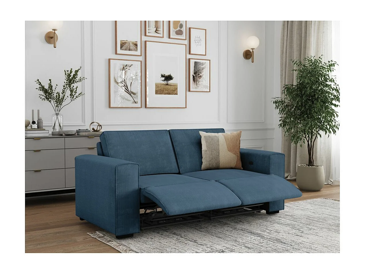 Canapé de relaxation électrique Charline 3 places en velours côtelé - Bleu foncé - L208 x P97 x H92cm - Loungitude