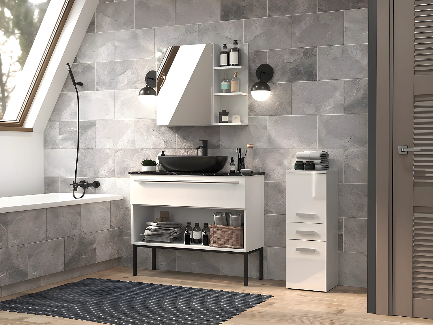 CDF Bad-Hochschrank NEL V DDS | Farbe: Weiß glänzend | Modernes Badregal | Stauraumschrank | Geräumige Einlegeböden | Türen | Einfache Montage | Stilvolle Griffe