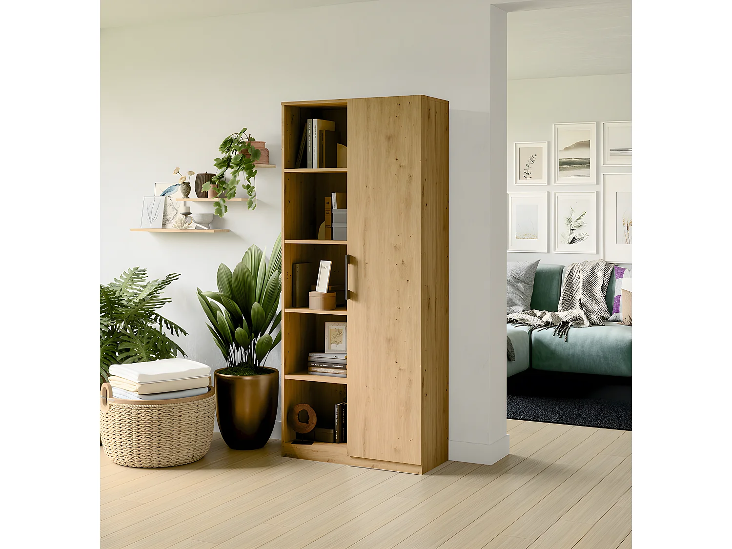 VILLME - Librería de diseño minimalista - 1 puerta + 10 estantes - 80x30x182 cm - Mueble de almacenaje