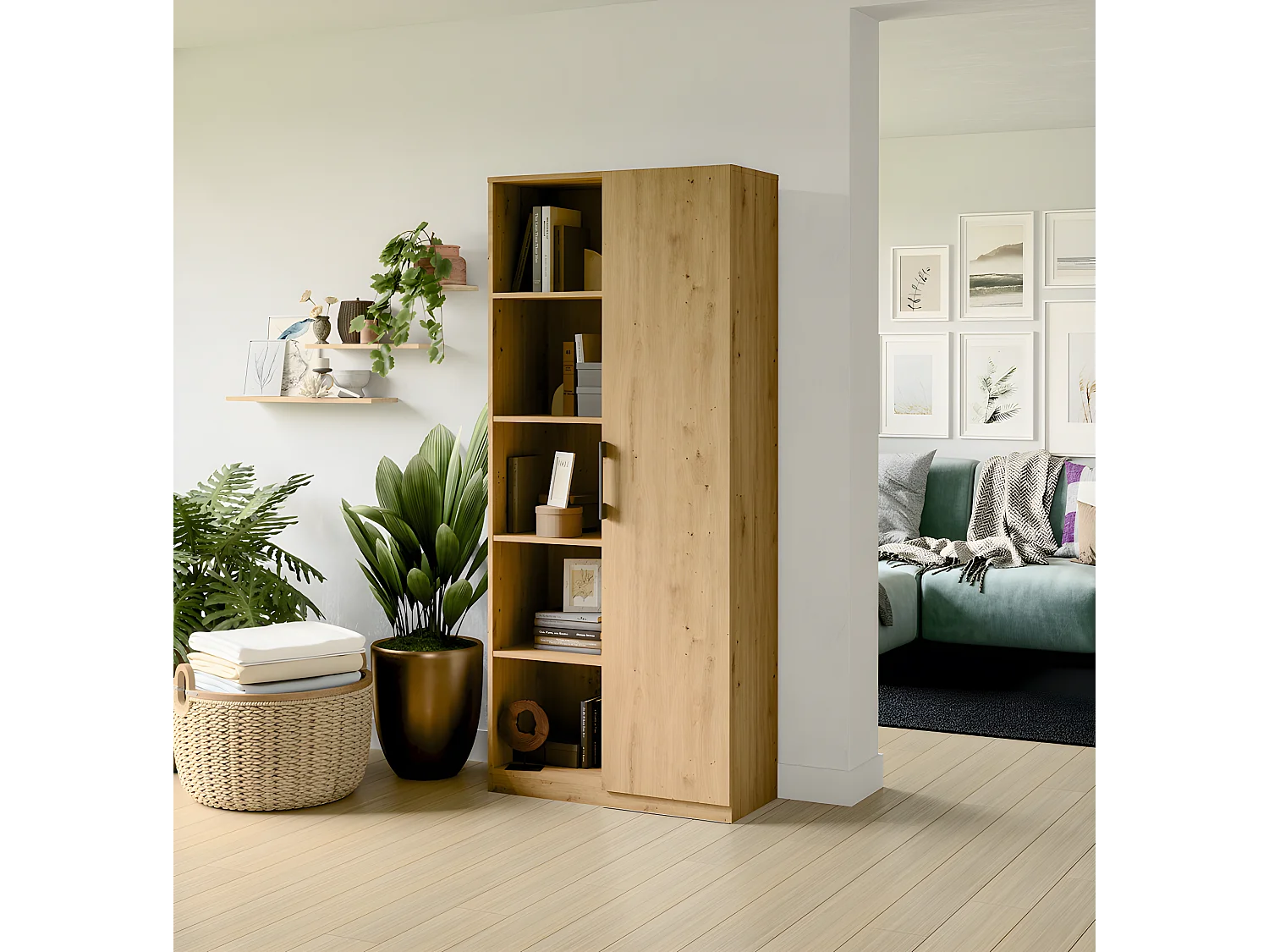 VILLME - Librería de diseño minimalista - 1 puerta + 10 estantes - 80x30x182 cm - Mueble de almacenaje