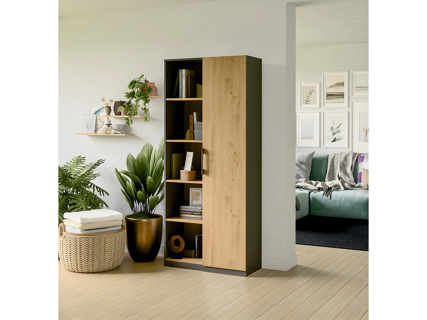 VILLME - Librería de diseño minimalista - 1 puerta + 10 estantes - 80x30x182 cm - Mueble de almacenaje