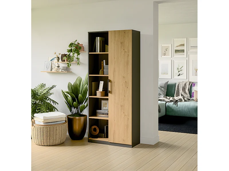 VILLME - Bibliothèque design minimaliste - 1 porte + 10 étagères - 80x30x182 cm - Meuble de rangement