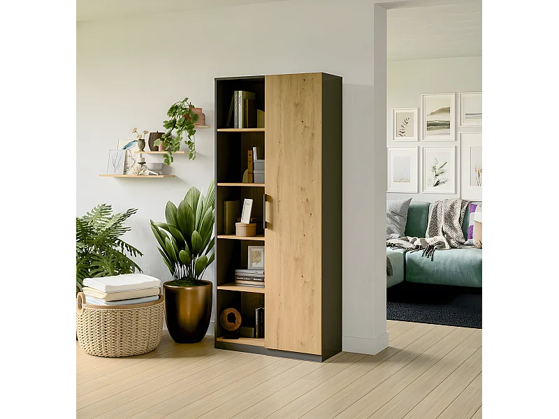 VILLME - Libreria dal design minimalista - 1 anta + 10 ripiani - 80x30x182 cm - Mobile contenitore