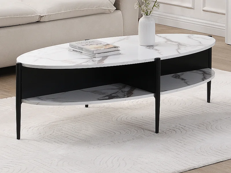 Couchtisch oval mit 4 Ablagefächern - MDF & Metall - Marmor-Optik Weiß & Schwarz - EVARO