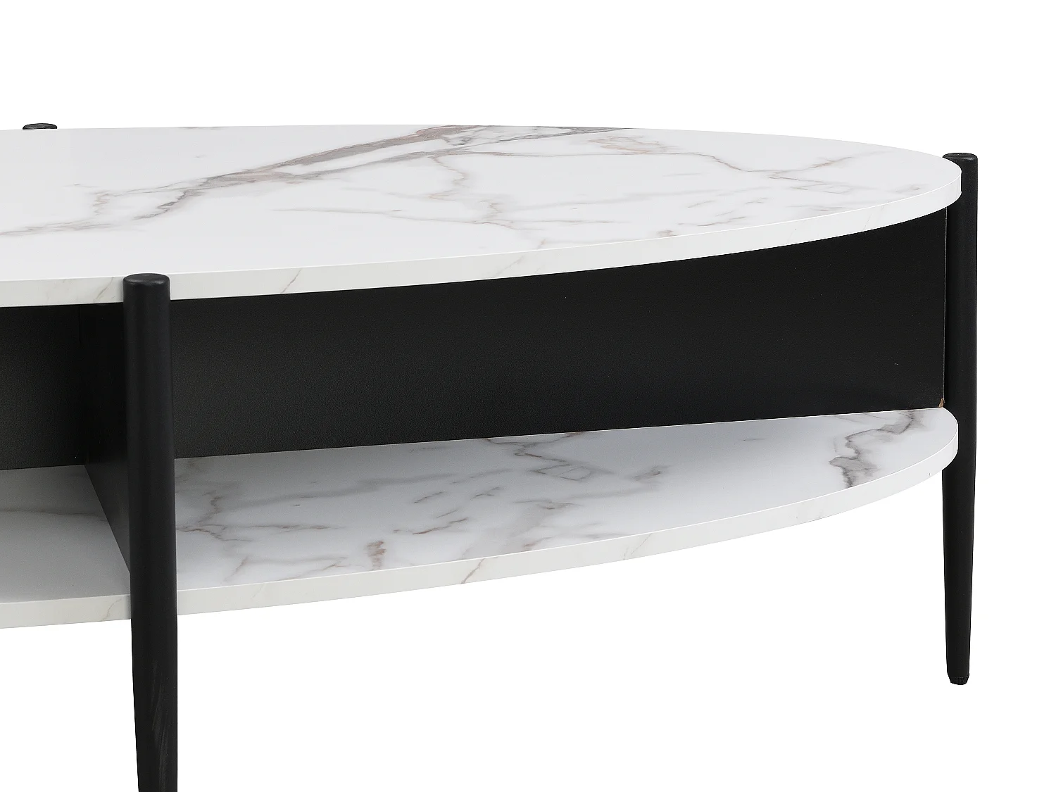 Table basse ovale avec 4 niches en MDF et métal - Effet marbre blanc et noir - EVARO