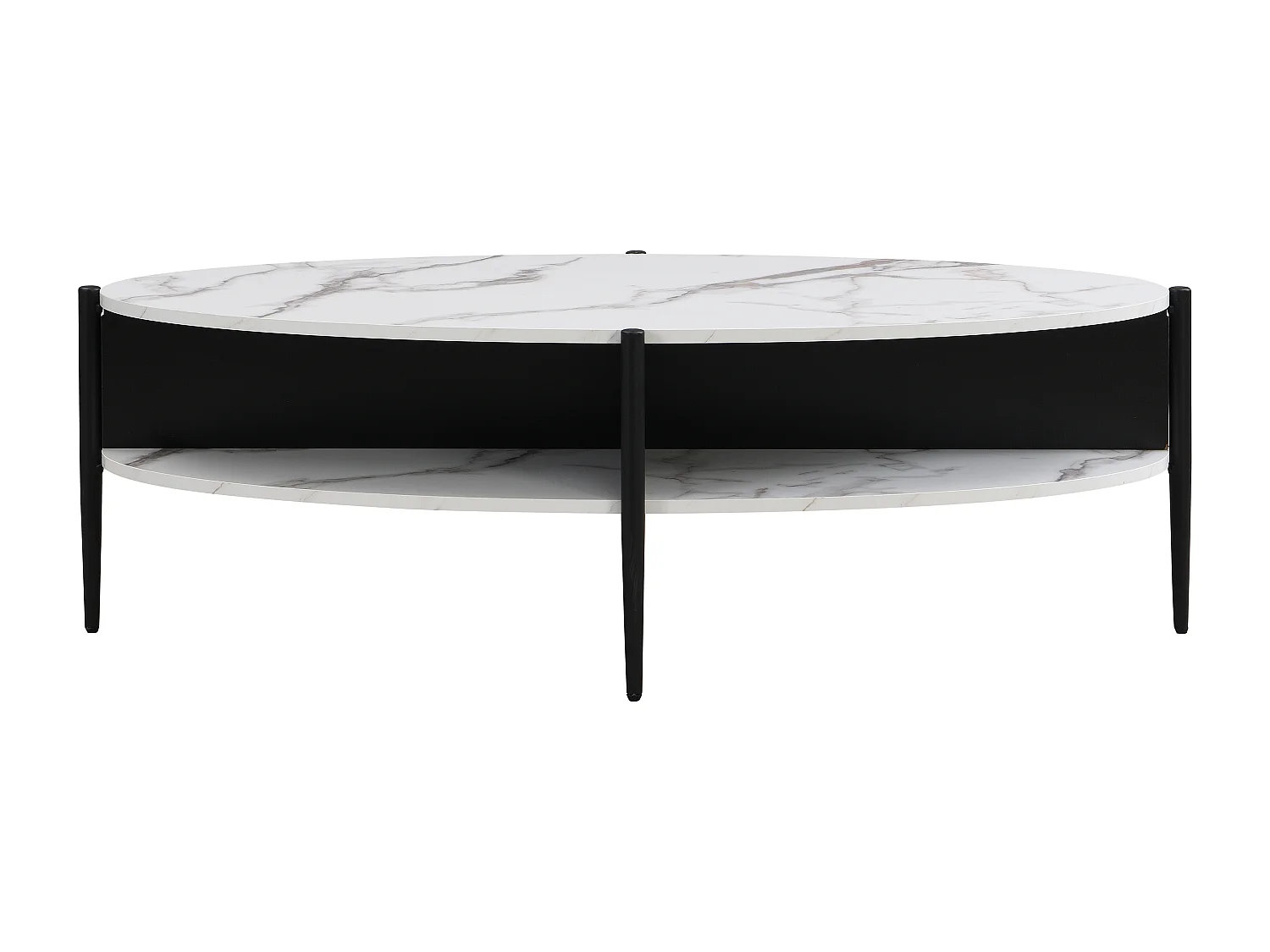 Table basse ovale avec 4 niches en MDF et métal - Effet marbre blanc et noir - EVARO