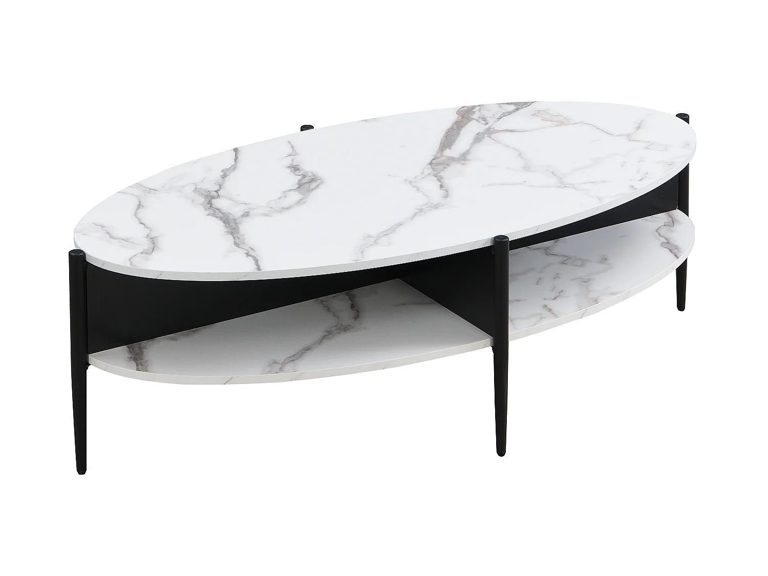 Table basse ovale avec 4 niches en MDF et métal - Effet marbre blanc et noir - EVARO