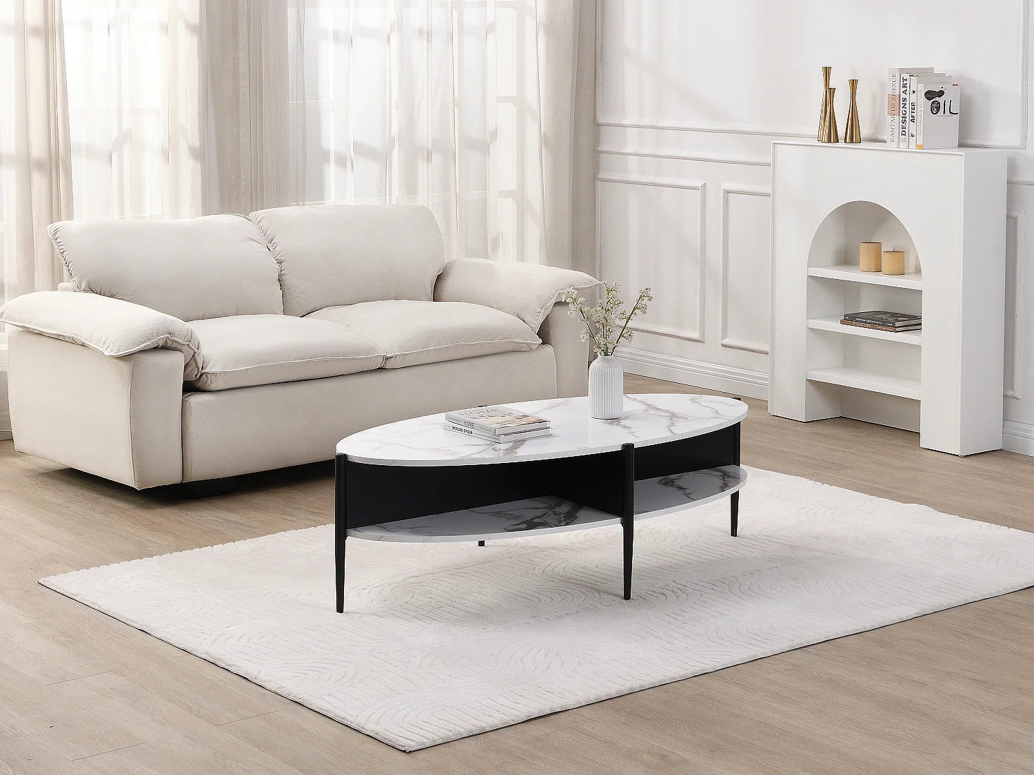 Table basse ovale avec 4 niches en MDF et métal - Effet marbre blanc et noir - EVARO