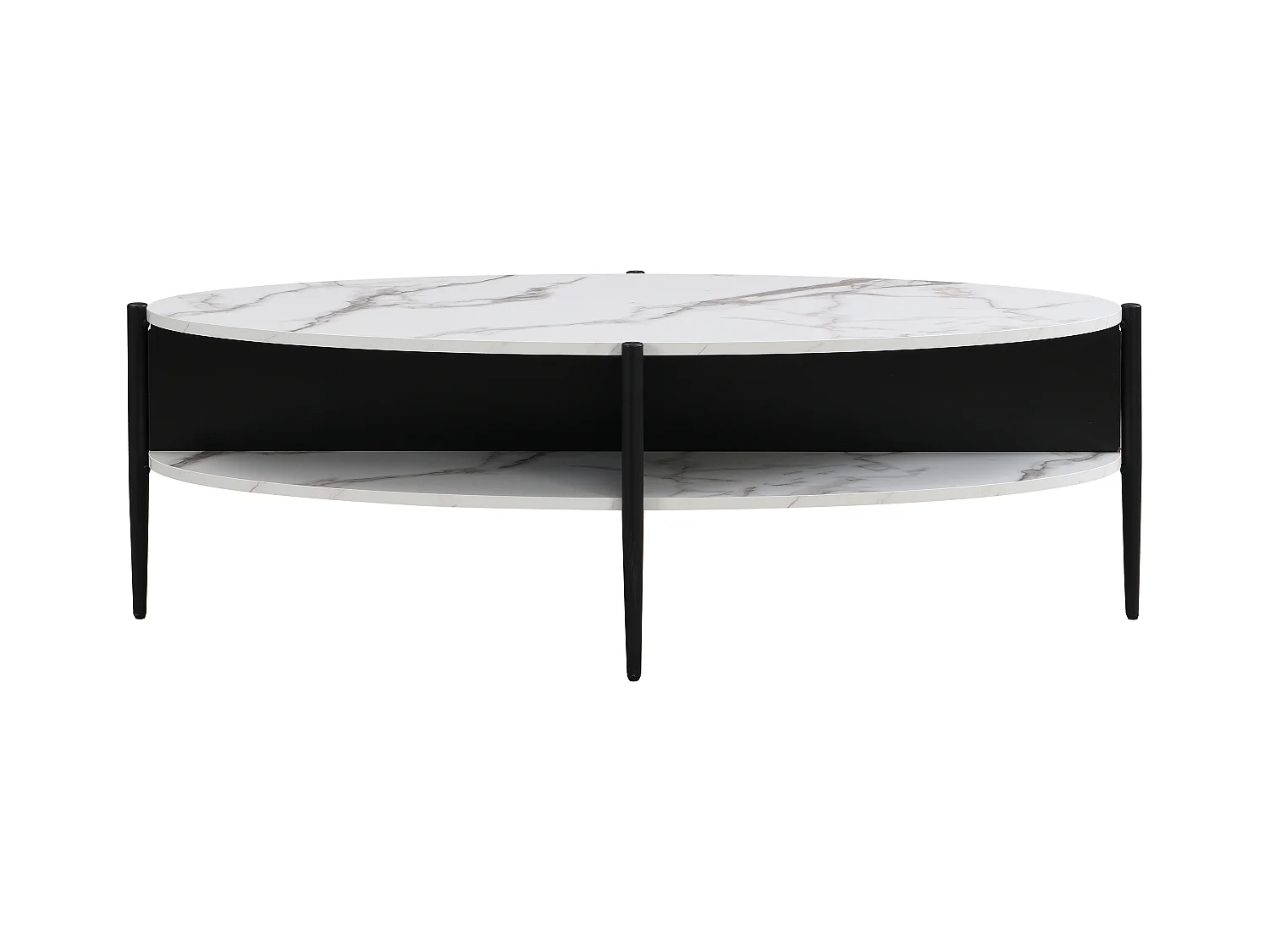Mesa de centro ovalada con 4 estantes de MDF y metal - Efecto mármol blanco y negro - EVARO
