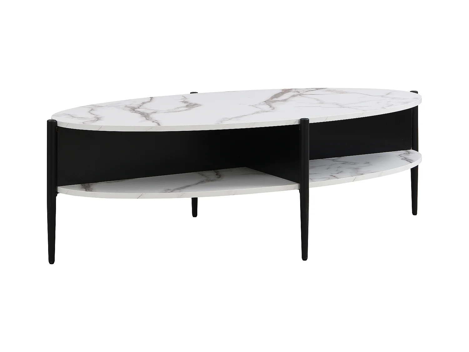 Mesa de centro ovalada con 4 estantes de MDF y metal - Efecto mármol blanco y negro - EVARO