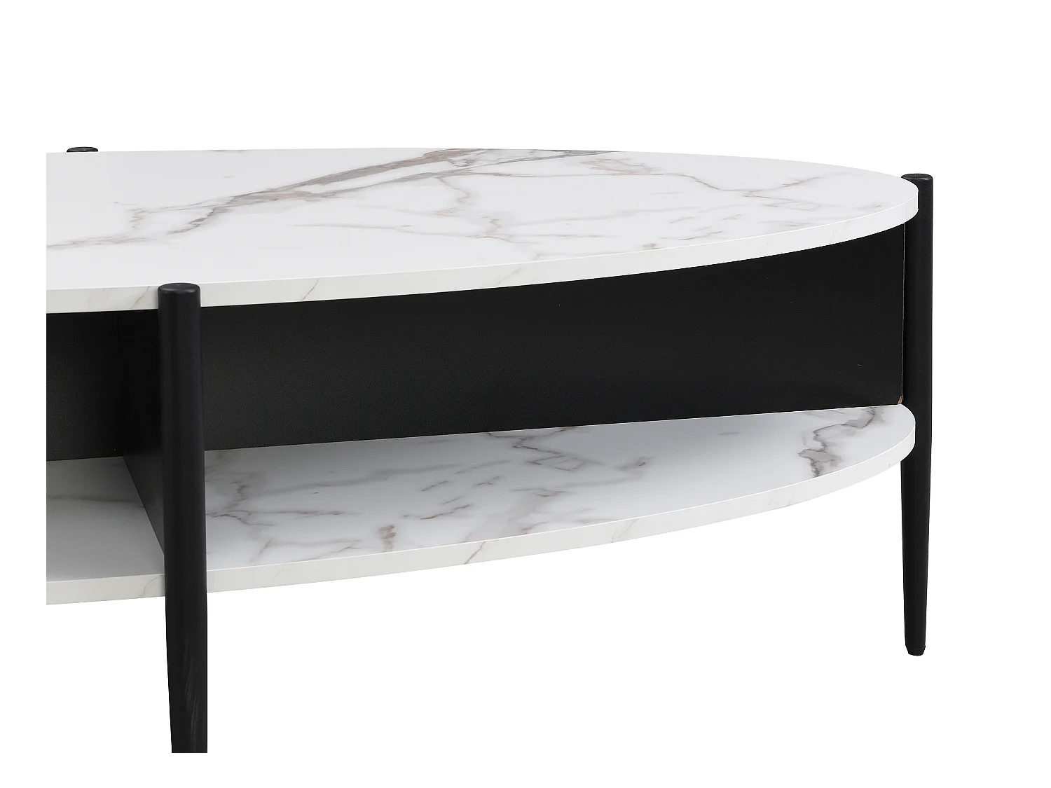 Mesa de centro ovalada con 4 estantes de MDF y metal - Efecto mármol blanco y negro - EVARO
