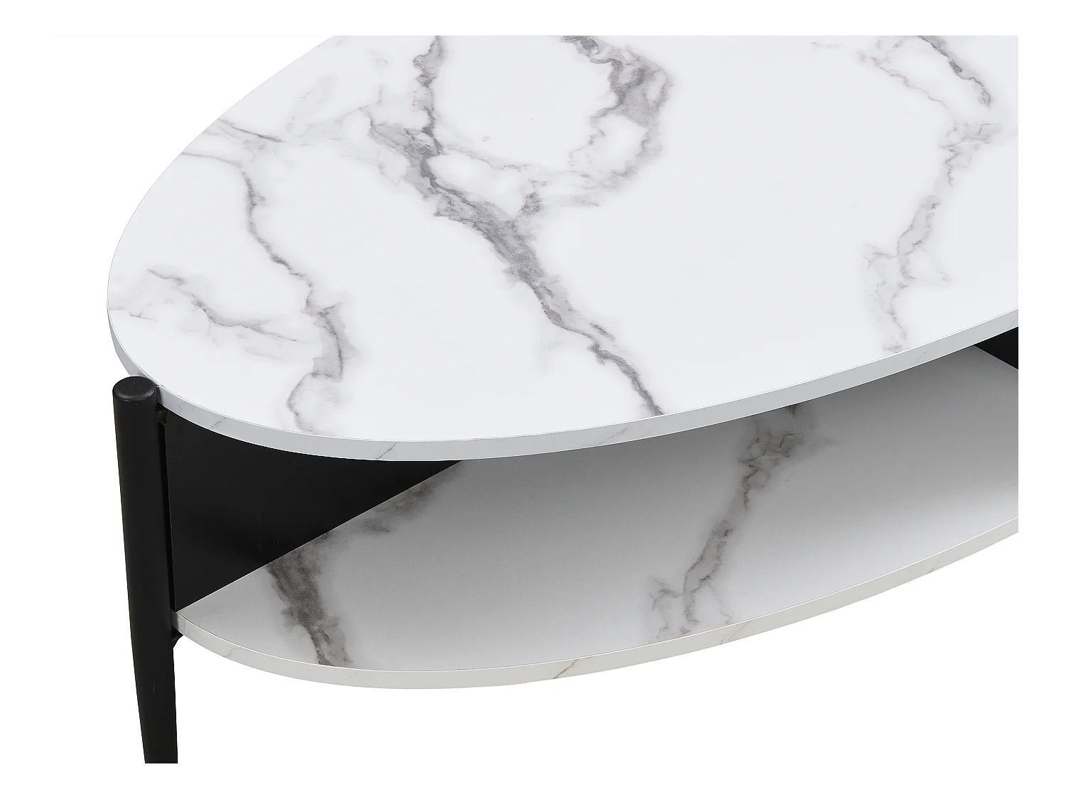 Mesa de centro ovalada con 4 estantes de MDF y metal - Efecto mármol blanco y negro - EVARO