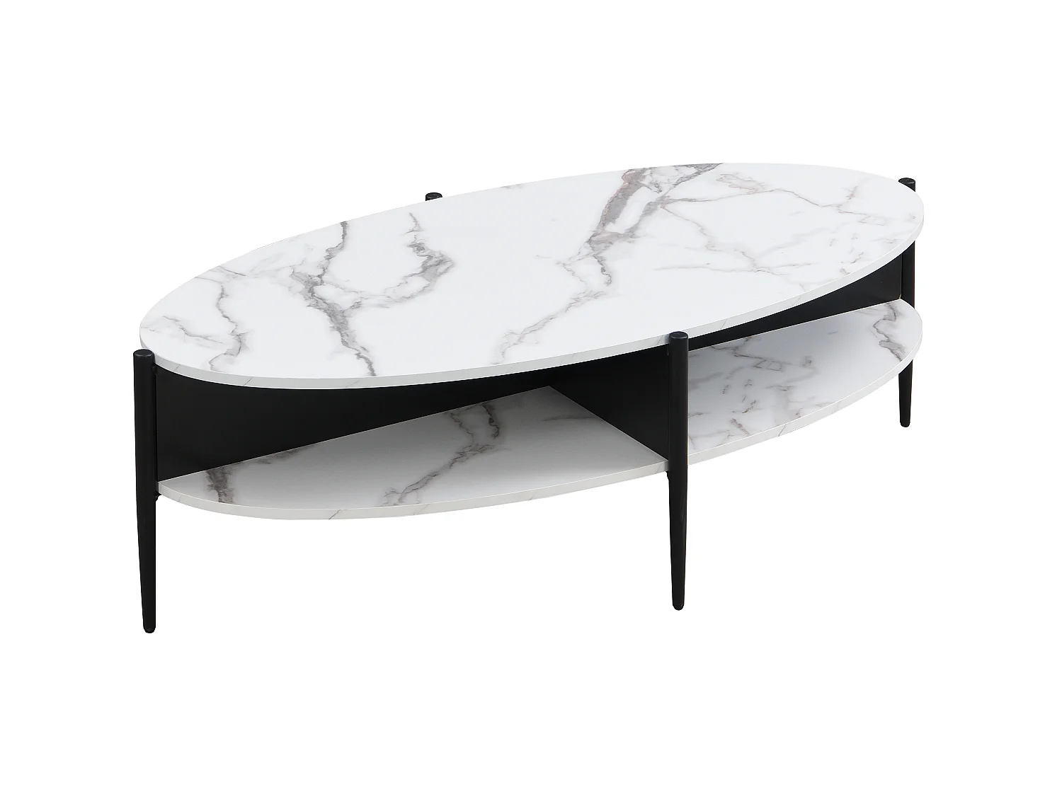 Mesa de centro ovalada con 4 estantes de MDF y metal - Efecto mármol blanco y negro - EVARO