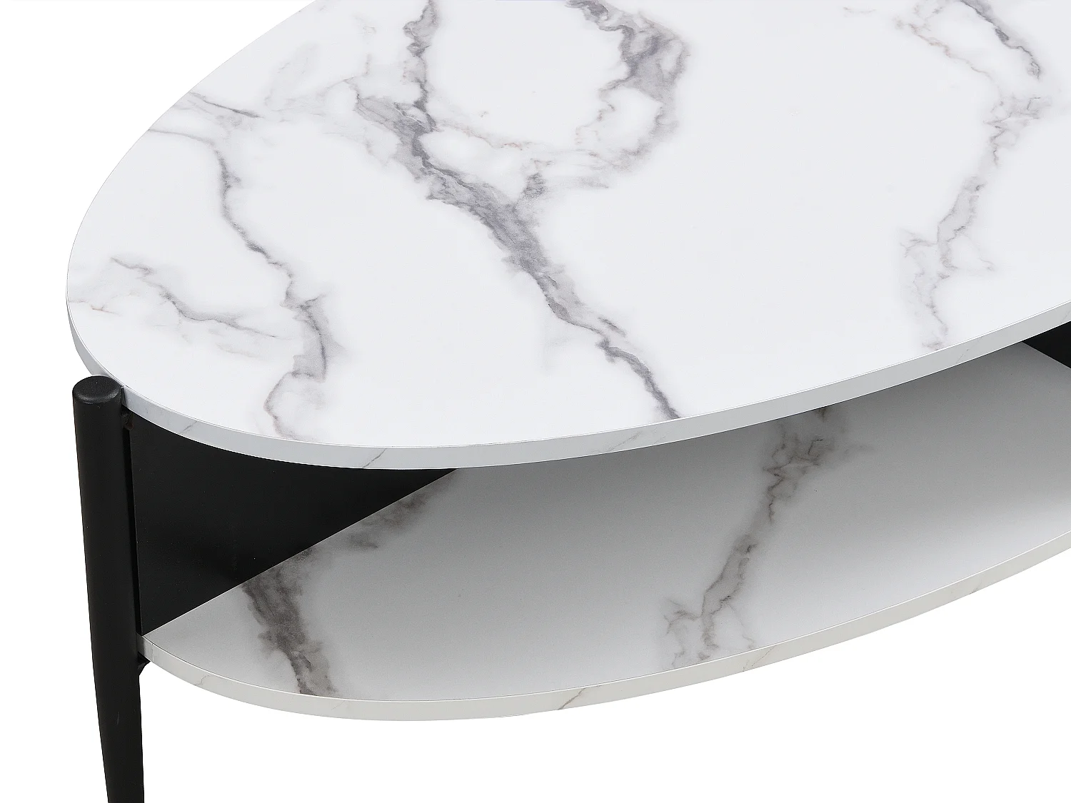 Mesa de centro ovalada con 4 estantes de MDF y metal - Efecto mármol blanco y negro - EVARO