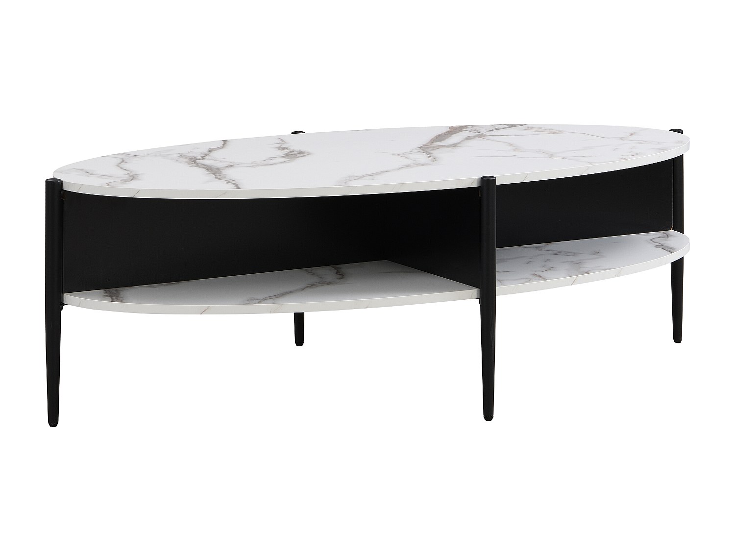 Couchtisch oval mit 4 Ablagefächern - MDF & Metall - Marmor-Optik Weiß & Sc günstig online kaufen