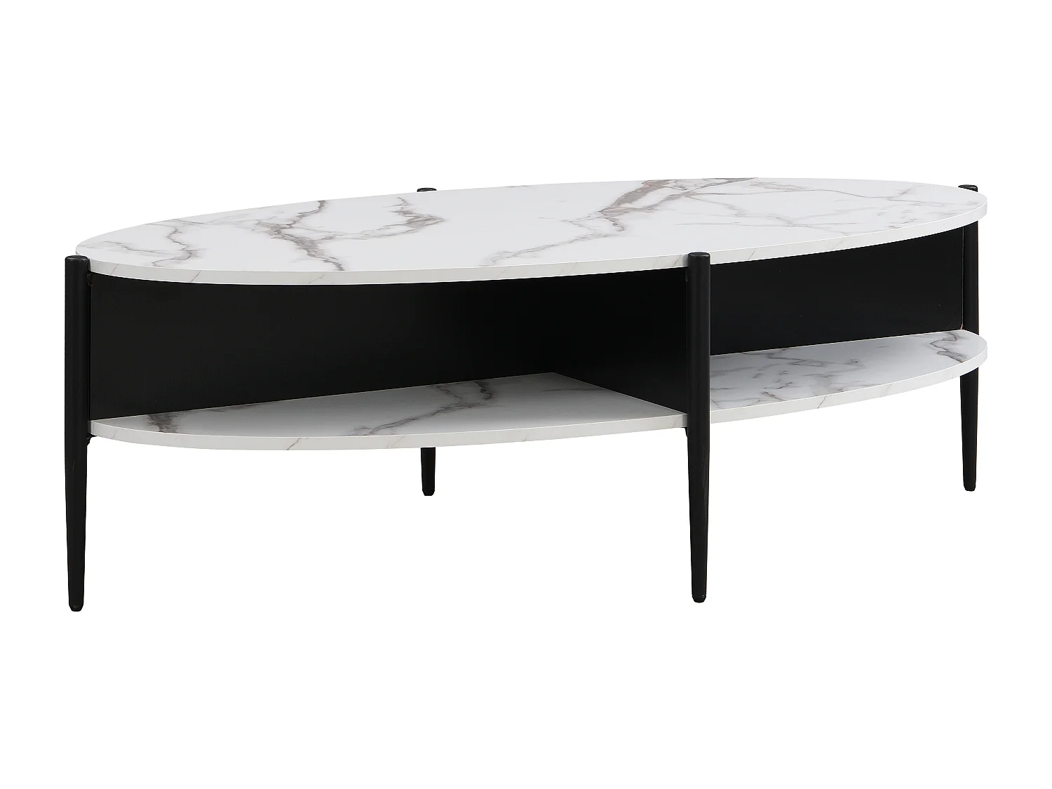 Mesa de centro ovalada con 4 estantes de MDF y metal - Efecto mármol blanco y negro - EVARO