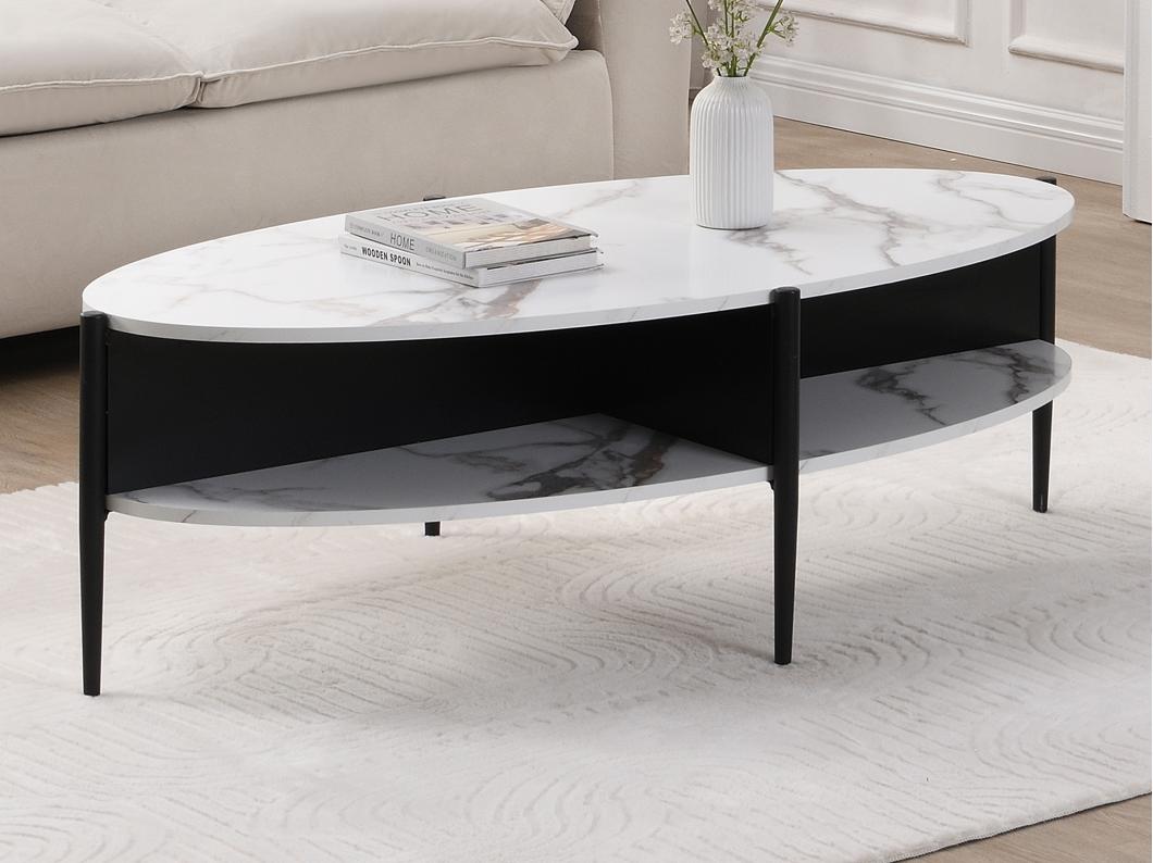 TavoLino ovale con 4 nicchie in MDF e Metallo Effetto Marmo Bianco e Nero  - EVARO
