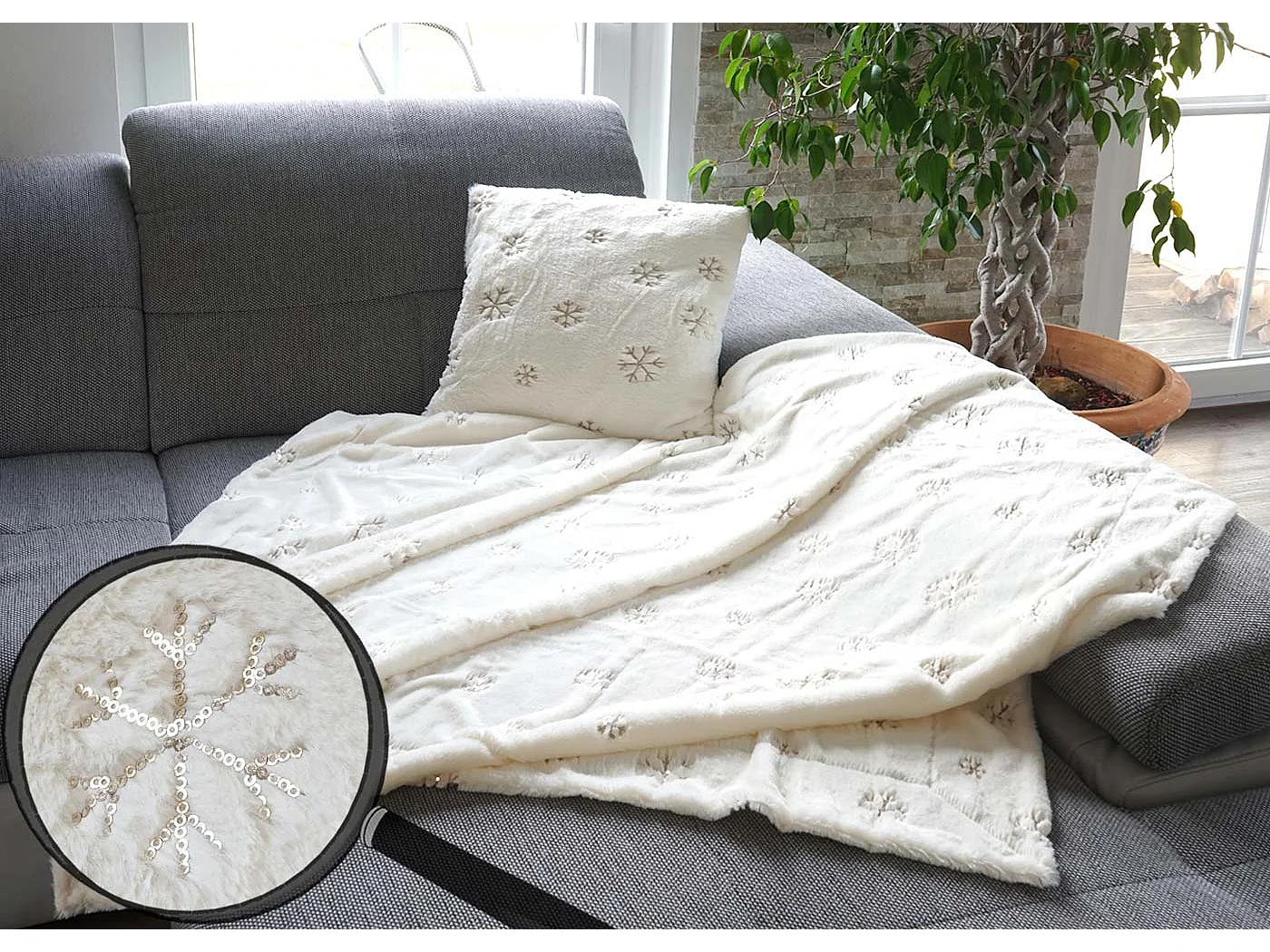 Couverture + coussin décoratif Neige (2 pièces)