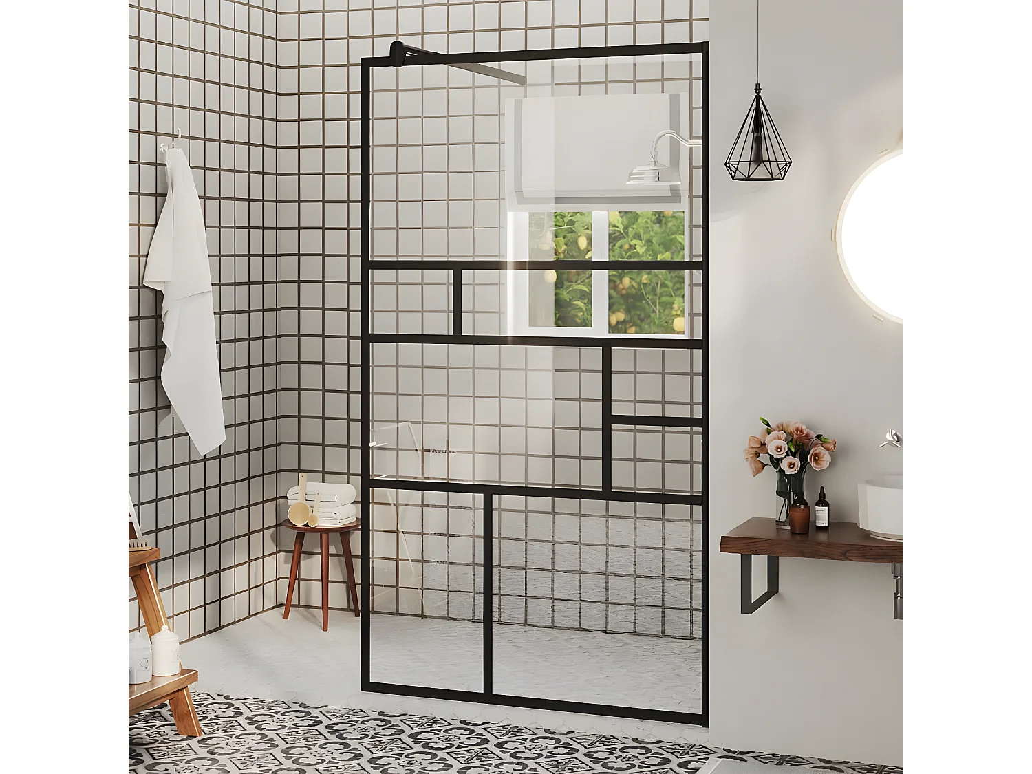 Mampara ducha accesible vidrio ESG transparente negro 90x195 cm ES66424