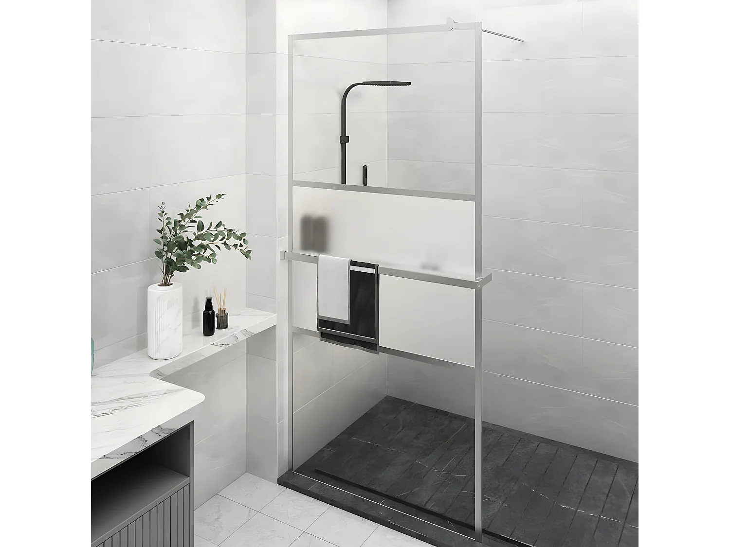 Mampara ducha con estante vidrio ESG y aluminio cromo 100x195cm ES66402