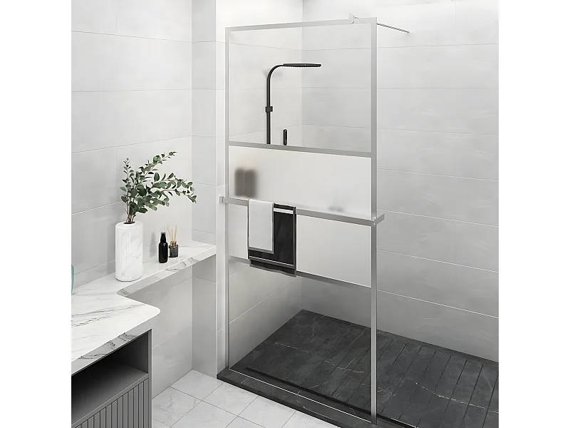 Mampara ducha con estante vidrio ESG y aluminio cromo 100x195cm ES66402