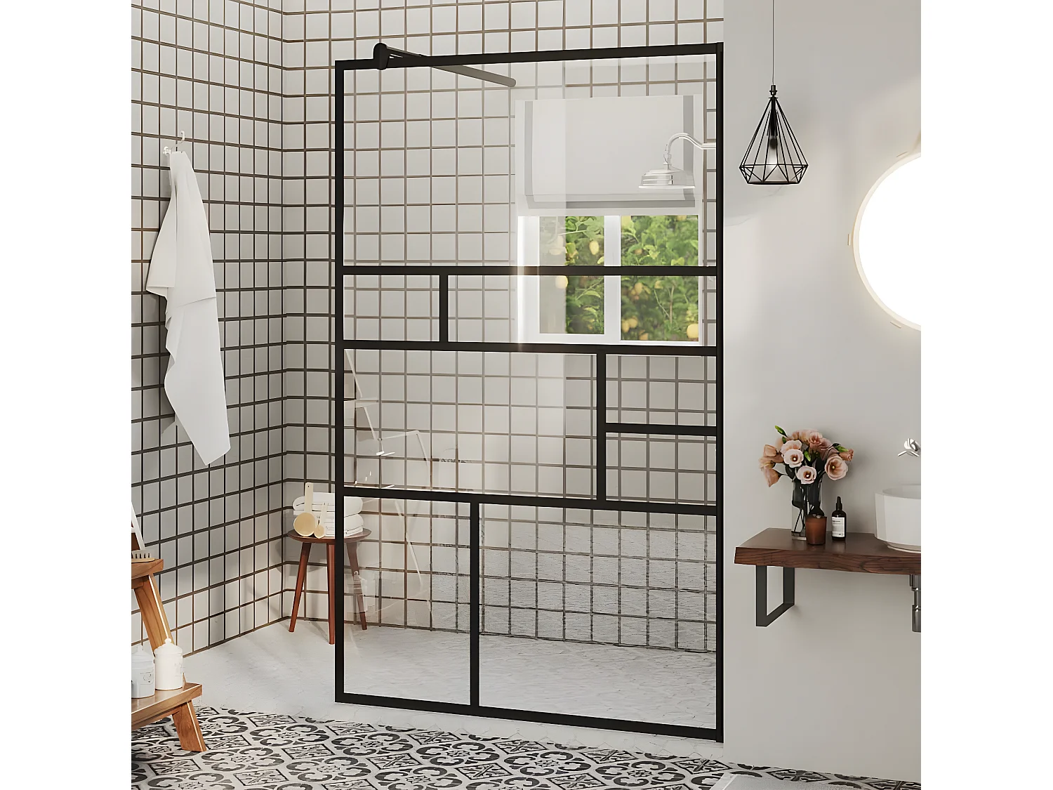 Mampara ducha accesible vidrio ESG transparente negro 100x195cm ES66483