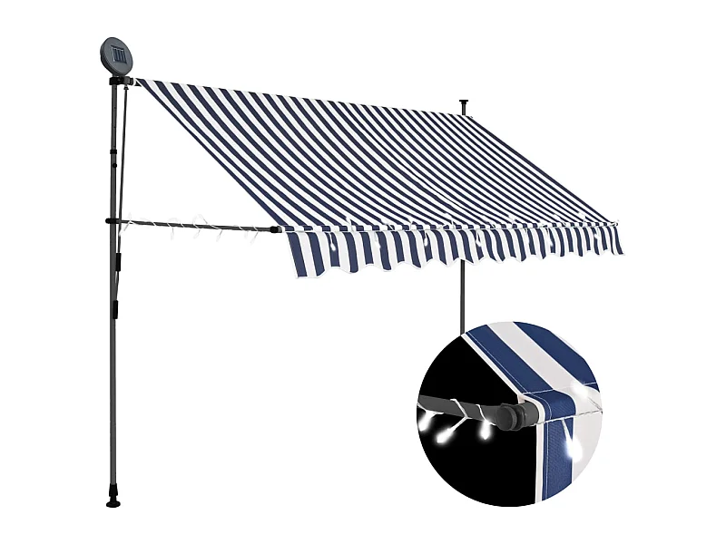 Auvent manuel rétractable avec LED 250 cm Bleu et blanc WVGQ7337