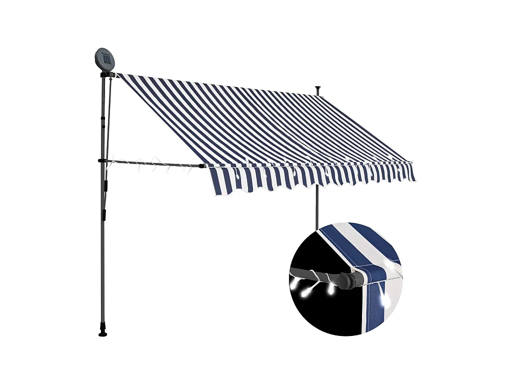 Auvent manuel rétractable avec LED 250 cm Bleu et blanc WVGQ7337