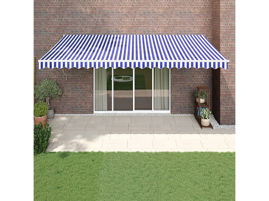 Auvent rétractable bleu et blanc 5x3 m tissu et aluminium WVGQ3731