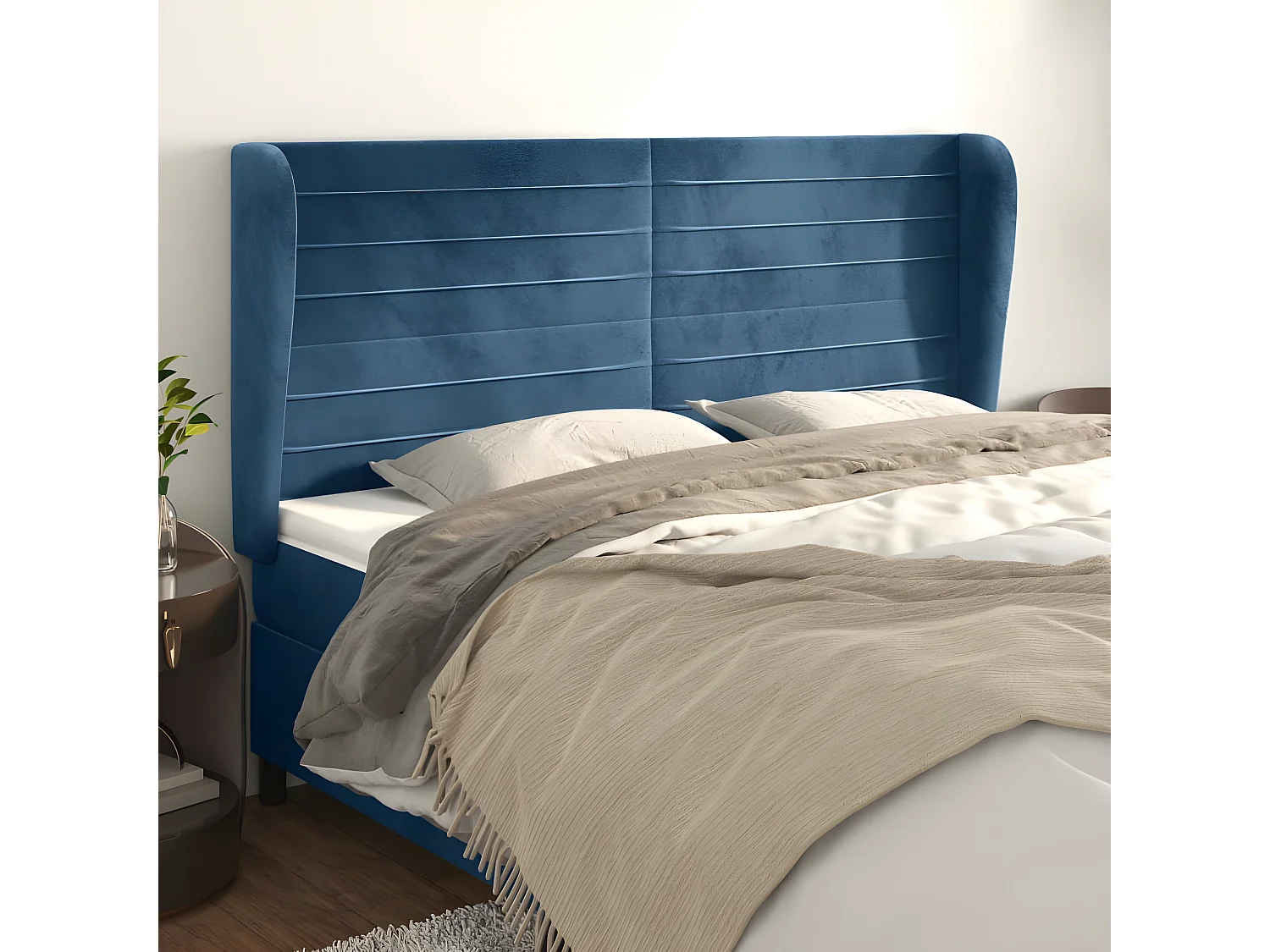 Cabeceira cama c/ abas veludo 183x23x118/128 cm azul-escuro PT747586