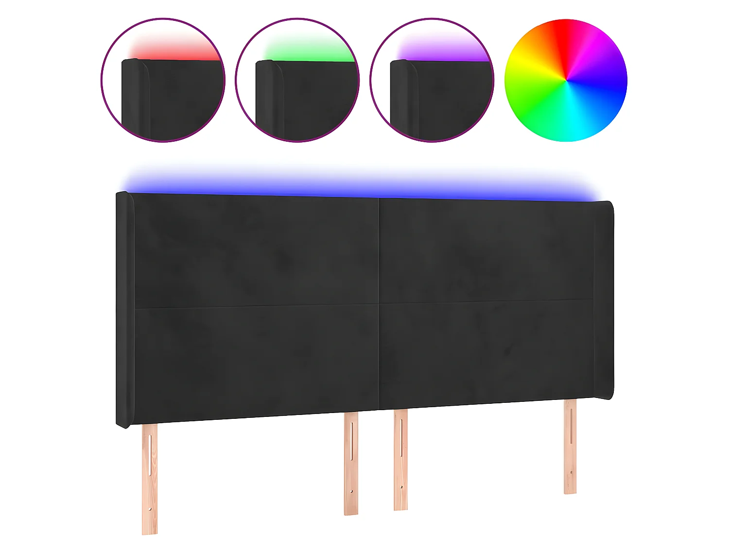 Testiera a LED Nera 183x16x118/128 cm in Velluto CFW326706