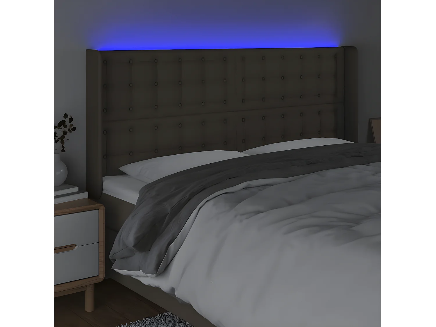 Cabeceira cama c/ LED tecido 183x16x118/128cm cinza-acastanhado PT230527