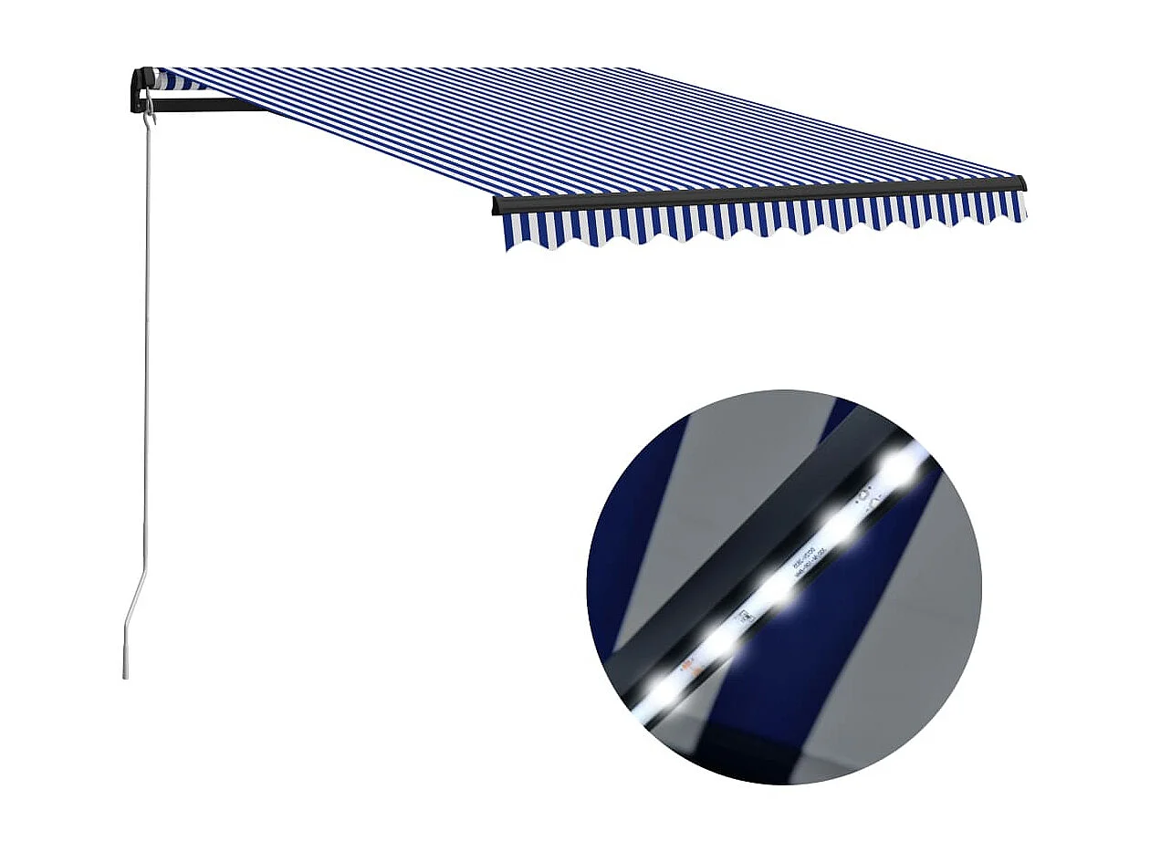 Auvent manuel rétractable avec LED 300x250 cm Bleu et blanc WVGQ2784