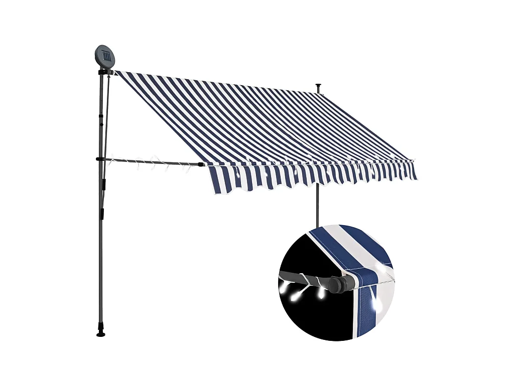 Auvent manuel rétractable avec LED 300 cm Bleu et blanc WVGQ4048