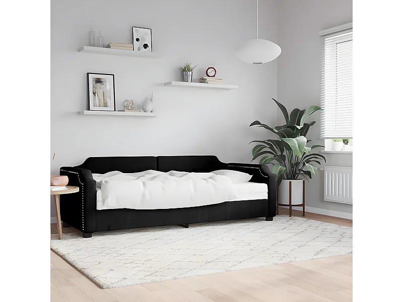 Lit - 90x200 cm avec matelas noir tissu WVGQ4349