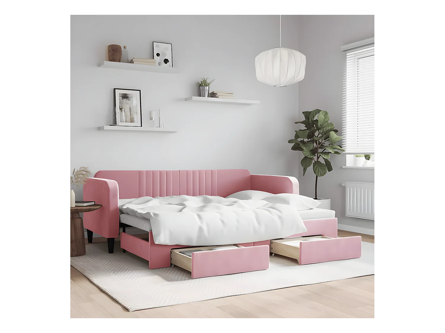 Lit gigogne et tiroirs rose 80x200 cm velours WVGQ9393