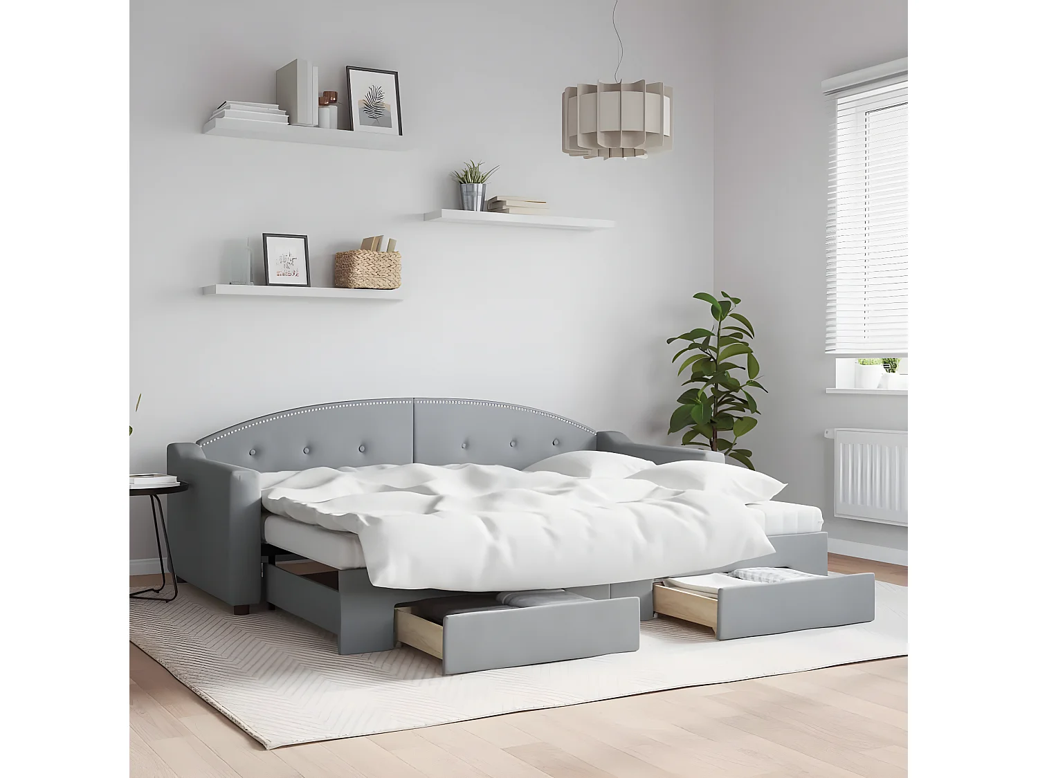 Cama dupla c/ gavetão e gavetas 80x200 cm tecido cinzento-claro PT419486