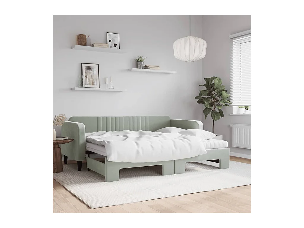 Slaapbank onderschuifbed matrassen 90x200 cm fluweel lichtgrijs NL77044