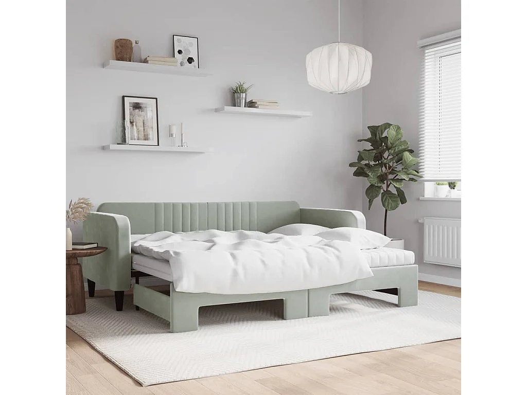 Slaapbank onderschuifbed matrassen 90x200 cm fluweel lichtgrijs NL77044