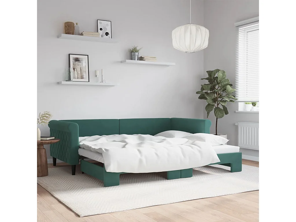 Cama dupla com gavetão 90x200 cm veludo verde-escuro PT598048