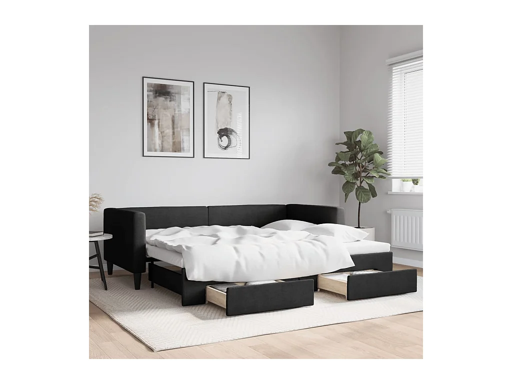 Lit gigogne et tiroirs noir 90x200 cm tissu WVGQ4097