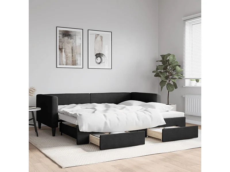Tagesbett Ausziehbar,Ausziehbett mit Schubladen Schwarz 90x200 cm Stoff -gkd92607