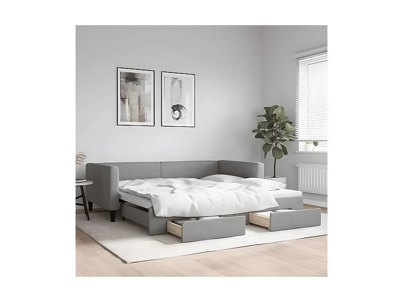 Lit gigogne et tiroirs gris clair 100x200 cm tissu WVGQ8241