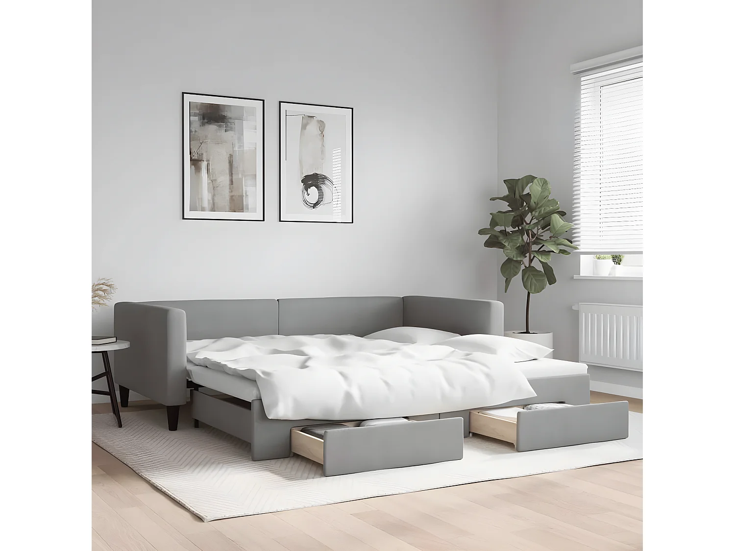 Lit gigogne et tiroirs gris clair 100x200 cm tissu WVGQ8241