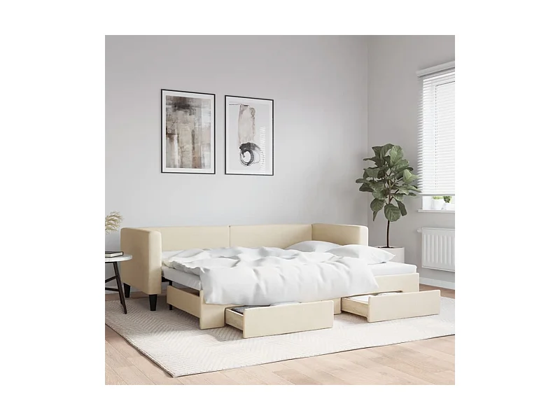 Lit gigogne et tiroirs crème 80x200 cm tissu WVGQ7942