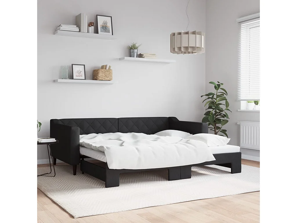 Tagesbett Ausziehbar,Ausziehbett Schwarz 90x190 cm Stoff -gkd15499