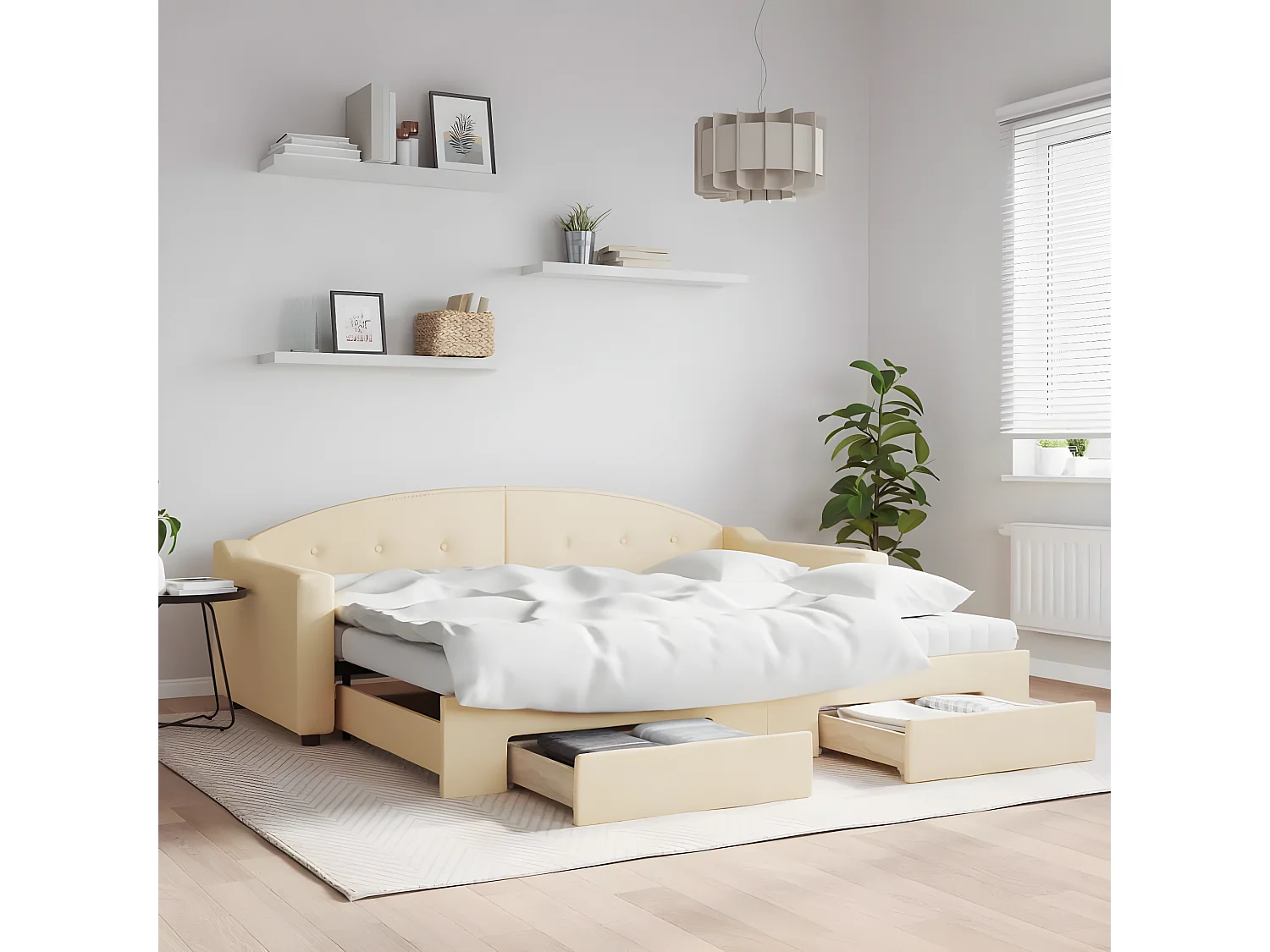 Cama dupla com gavetão e gavetas 90x200 cm tecido cor creme PT519141